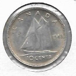 Canada 10 cents 1943 Plata KM 34 Plata