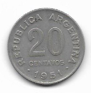 Argentina 20 centavos 1951 Canto Irregular